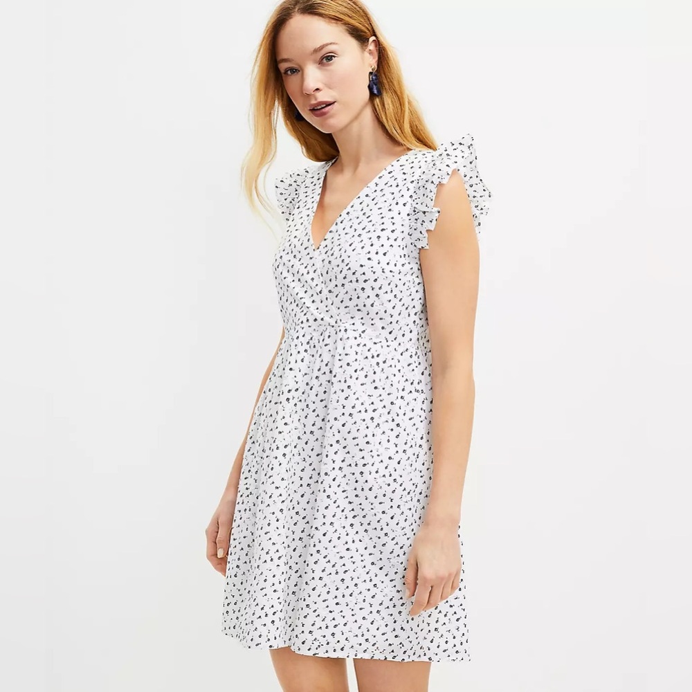Loft Eyelet Ruffle Sleeve Cross Over Dress White Floral Short Sleeve Knee Length